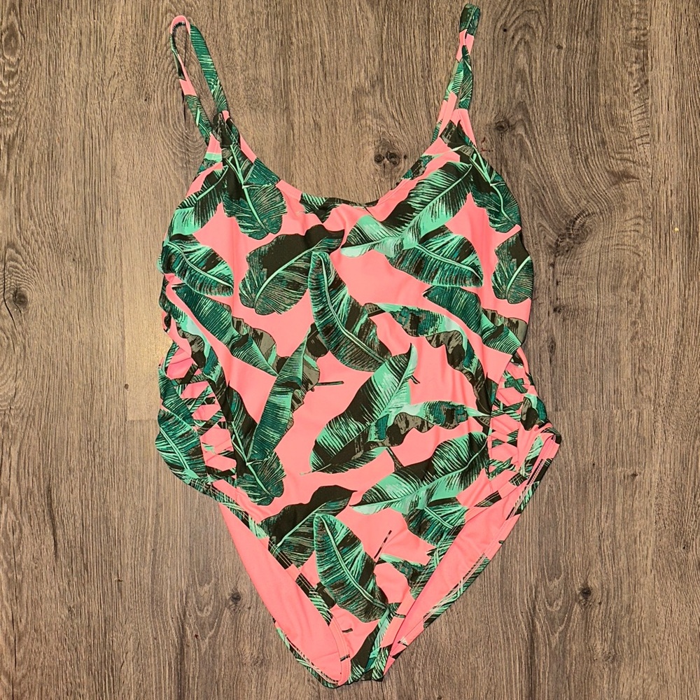 No Boundaries Pink and Green Leaf One Piece Swimsuit